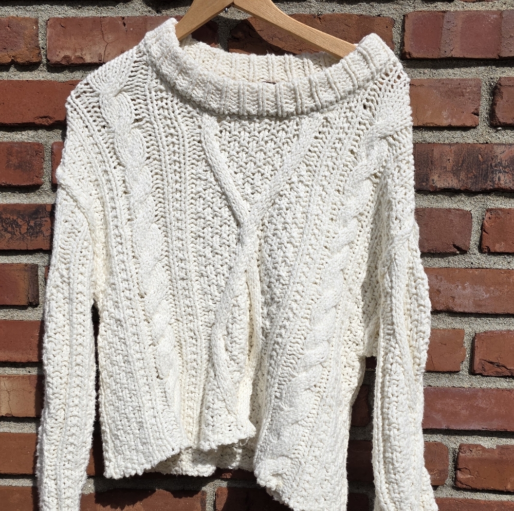Free People Cream Cable Knit Turtleneck Sweater